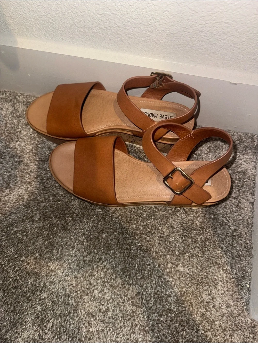 Steve Madden Brown Leather Wide Strap Ankle Buckle Sandals